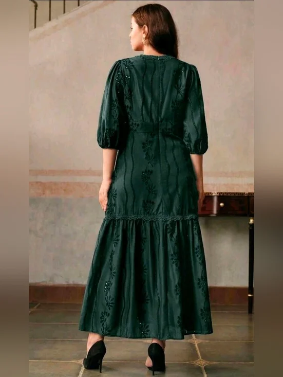 New Cottage Embroidered Eyelet Lace Button Trim Long Dress PLUS Dark Green - Picture 6 of 9